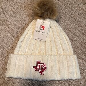 LOGO by Lori Goldstein Cream Cable Knit Beanie with Brown Pom-Pom